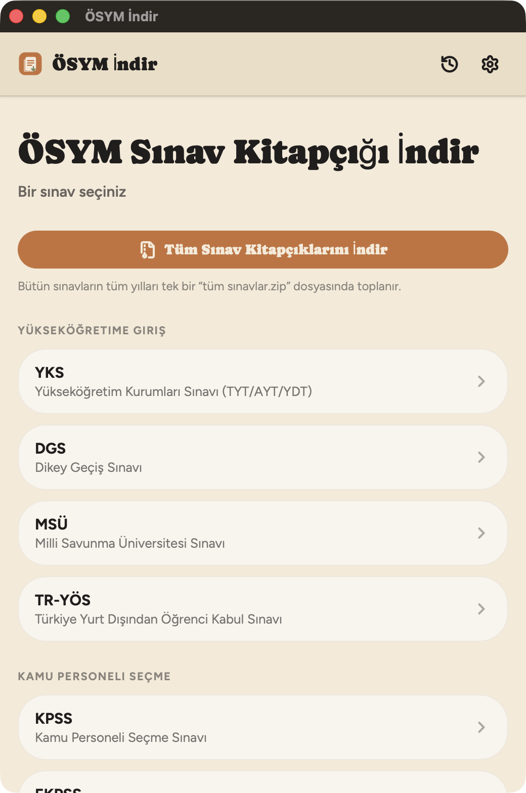 Sınav seçim ekranı